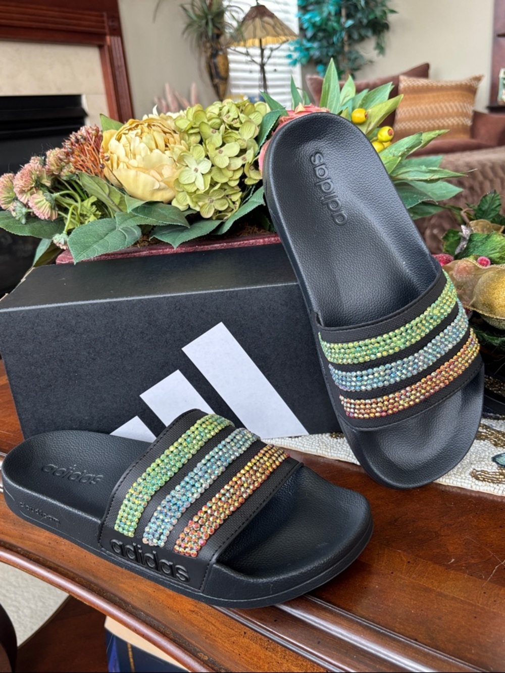 Brand New CUSTOM Adidas Black Slides Sport Sandals Beaded Gemstones Sparkly